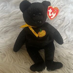 Ty 2000-2001 Black Sparkle Haunt Bear with Pumpkin and Yellow Ribbon